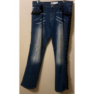 VTG Y2K Crest Jeans Fur Fringe Faded Panel Flare Embellished Denim Sz W15/16